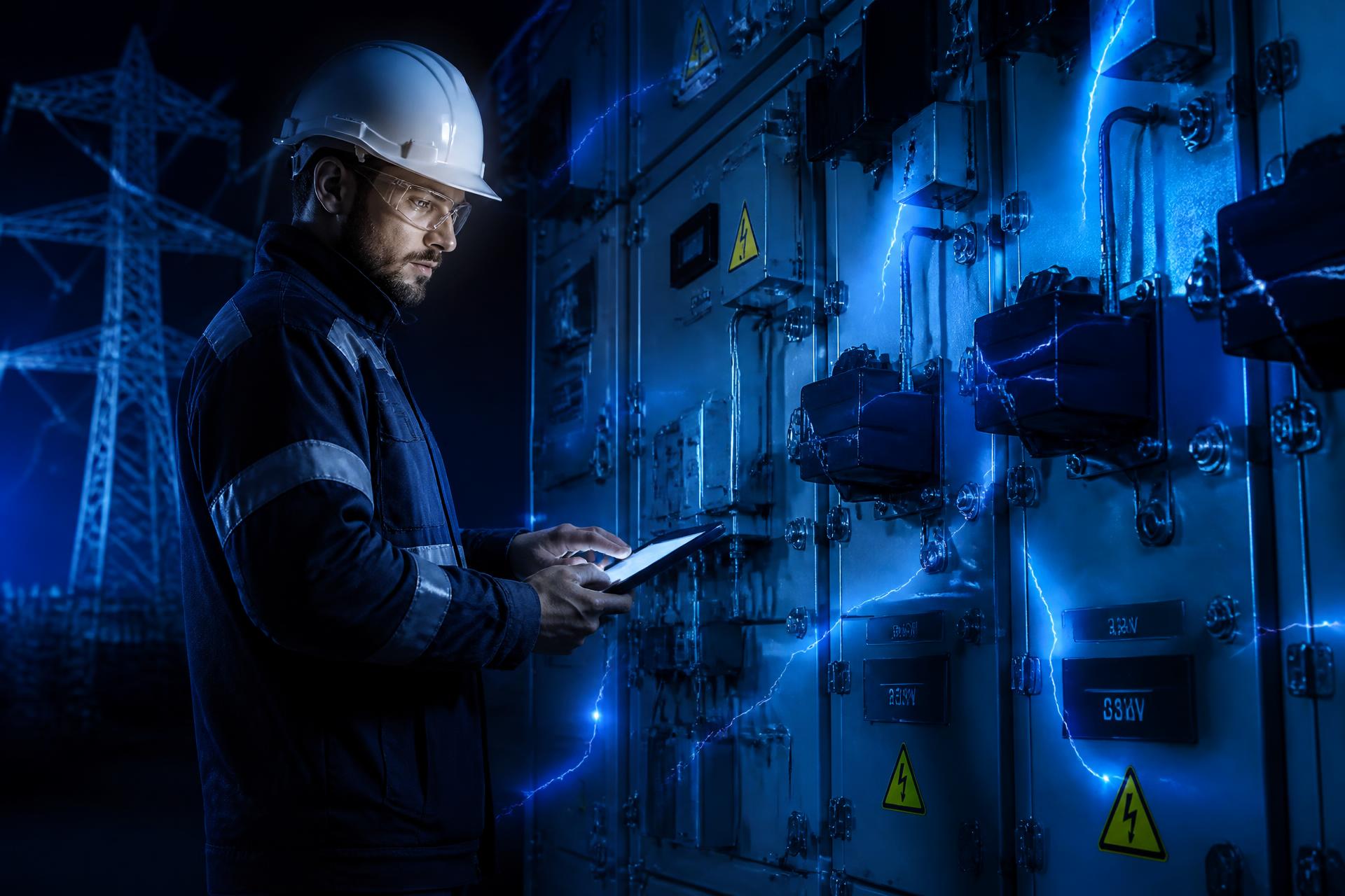 Engenheiro eletricista inspecionando painel de alta tensão